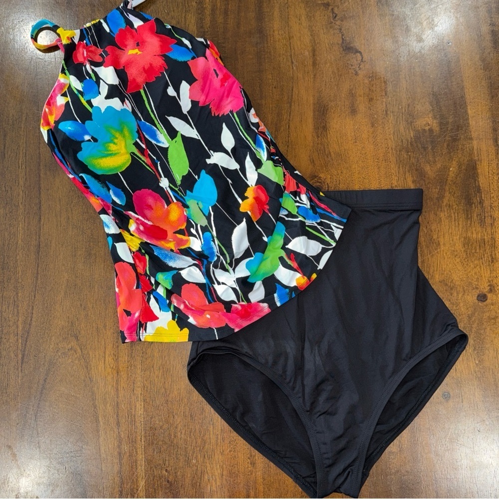 Anne Cole womens 2 pc tankini high neck floral black high waist bikini bottom S